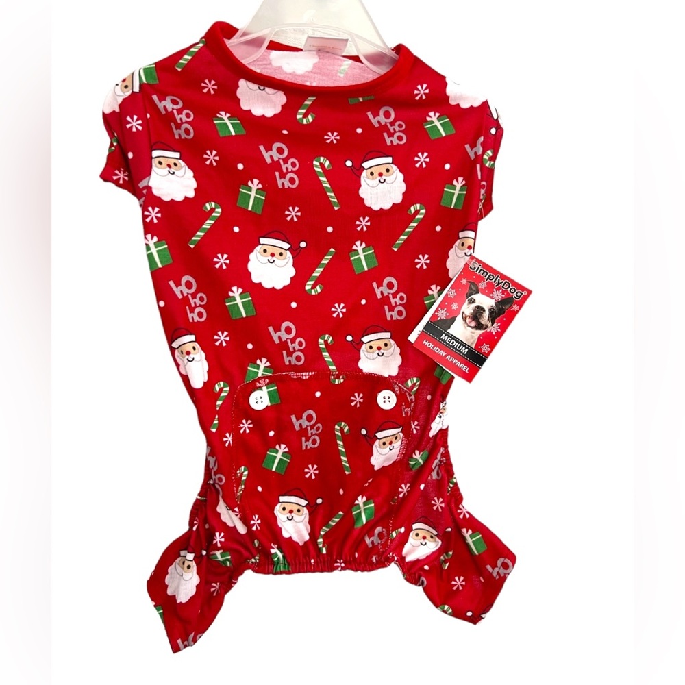 SimplyDog Santa Candy Canes and Gifts Christmas Pet Onesie Pajamas Red Green